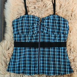 CELIA Blue Plaid Check Camisole Bustier Strap Tank Top NWT